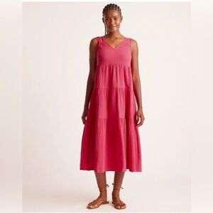 QUINCE 100% Organic Cotton Gauze Tiered Maxi Dress Hot Pink Resort Large